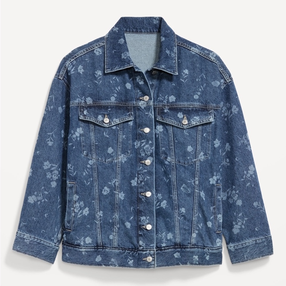 Dark Blue Floral Denim Jacket XL